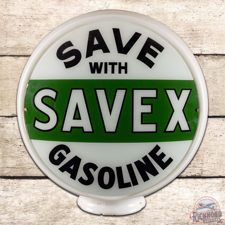 Save With Savex Gasoline 13.5" Complete Gas Pump Globe Milk Glass Body