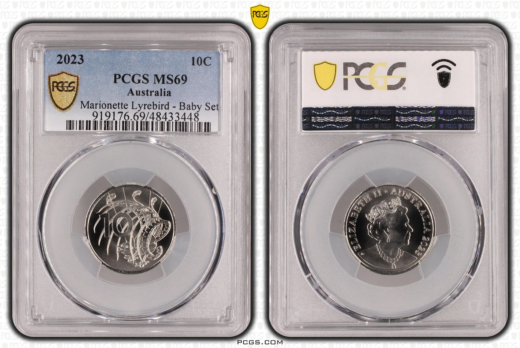 Elizabeth II, Marionette Lyrebird - Baby Set, Ten Cent, 2023, PCGS MS69