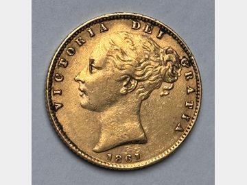 1861 VICTORIA YOUNG HEAD SHIELD GOLD SOVEREIGN