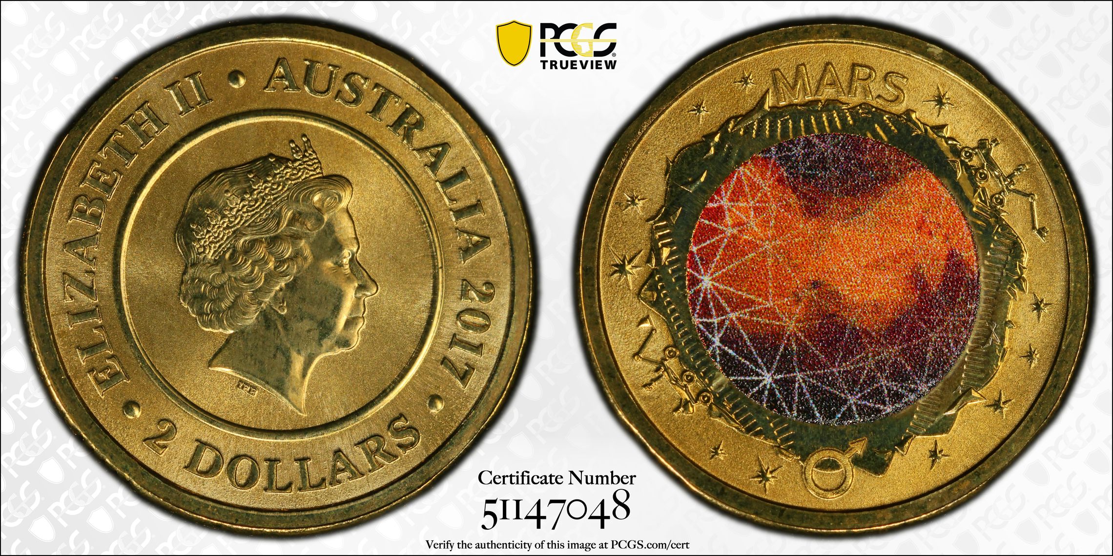 Planetary Coins Mars Colorized, Two Dollar, 2017, PCGS MS69