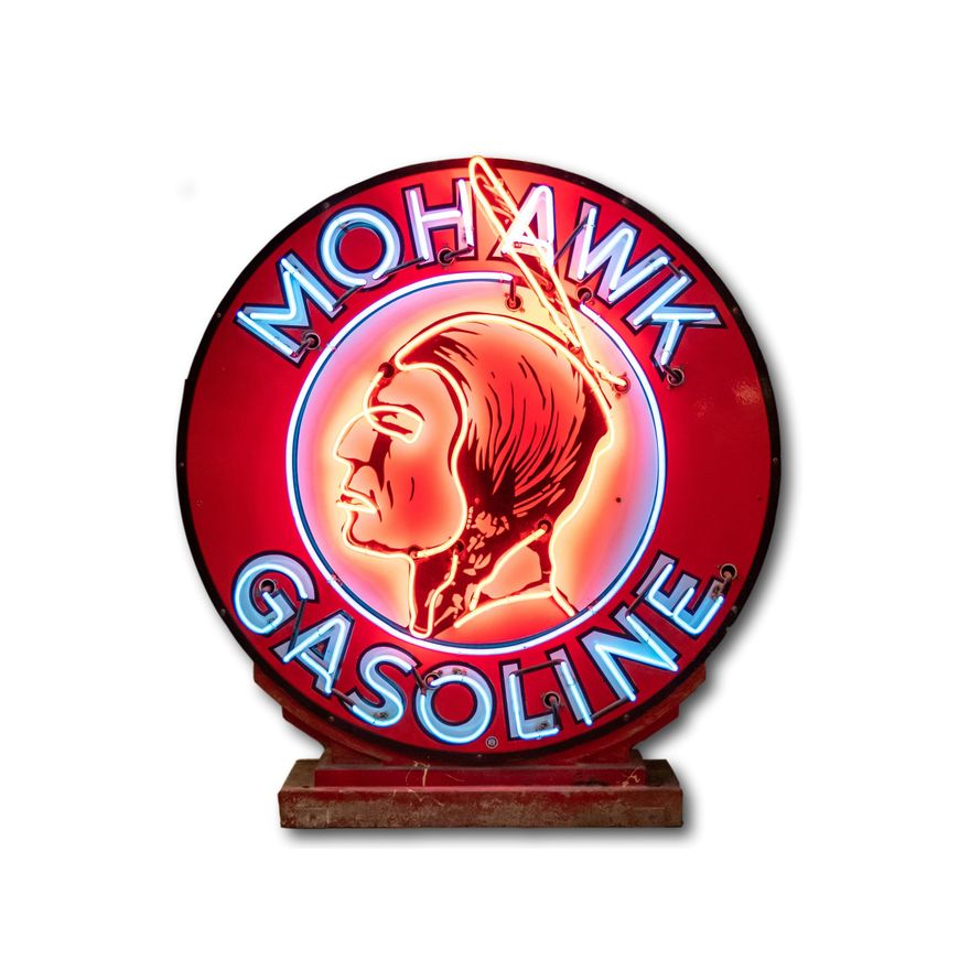 Rare 48" Mohawk Gasoline Single Sided Porcelain Neon Sign & Base TAC 9.75