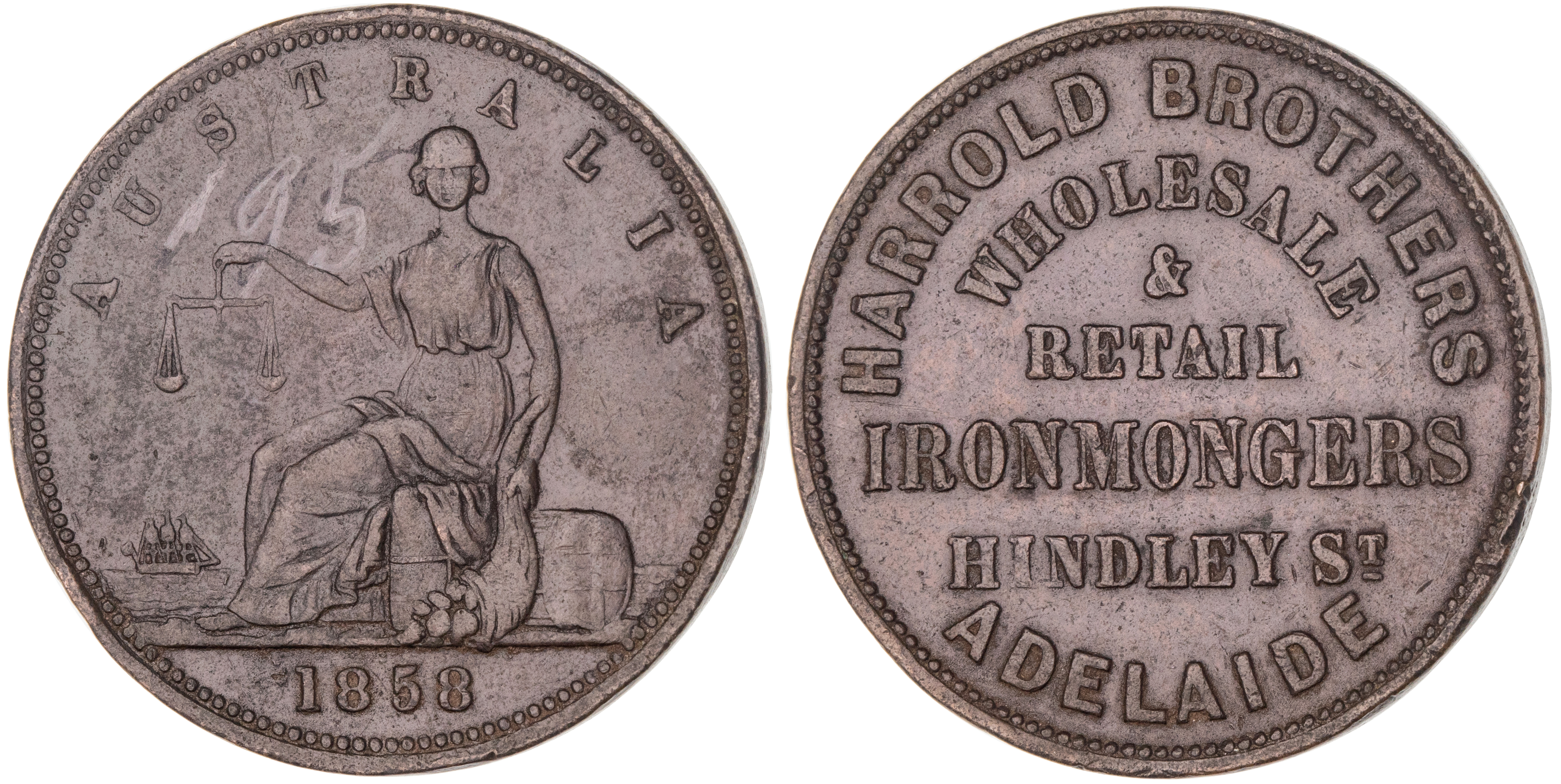 Adelaide, South Australia, Harrold Brothers, Penny, 1858, VF