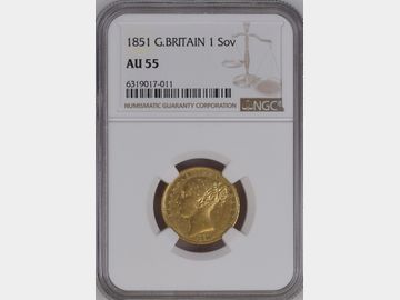 1851 QUEEN VICTORIA YOUNG HEAD SHIELD GOLD SOVEREIGN AU55
