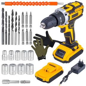 26 Pc Wireless Impact Drill Set With 2 Lithium Battery Packs Case Gloves |