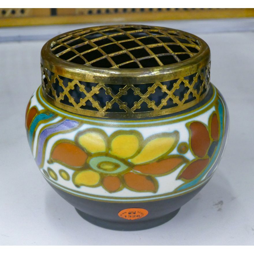 Gouda Pottery Art Deco Flower Frog Pot 5''