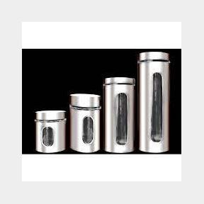 Decadent 4 Piece Glass Canister Set with Steel Finish and Long Bar Windows-50588/996 B2(S3)