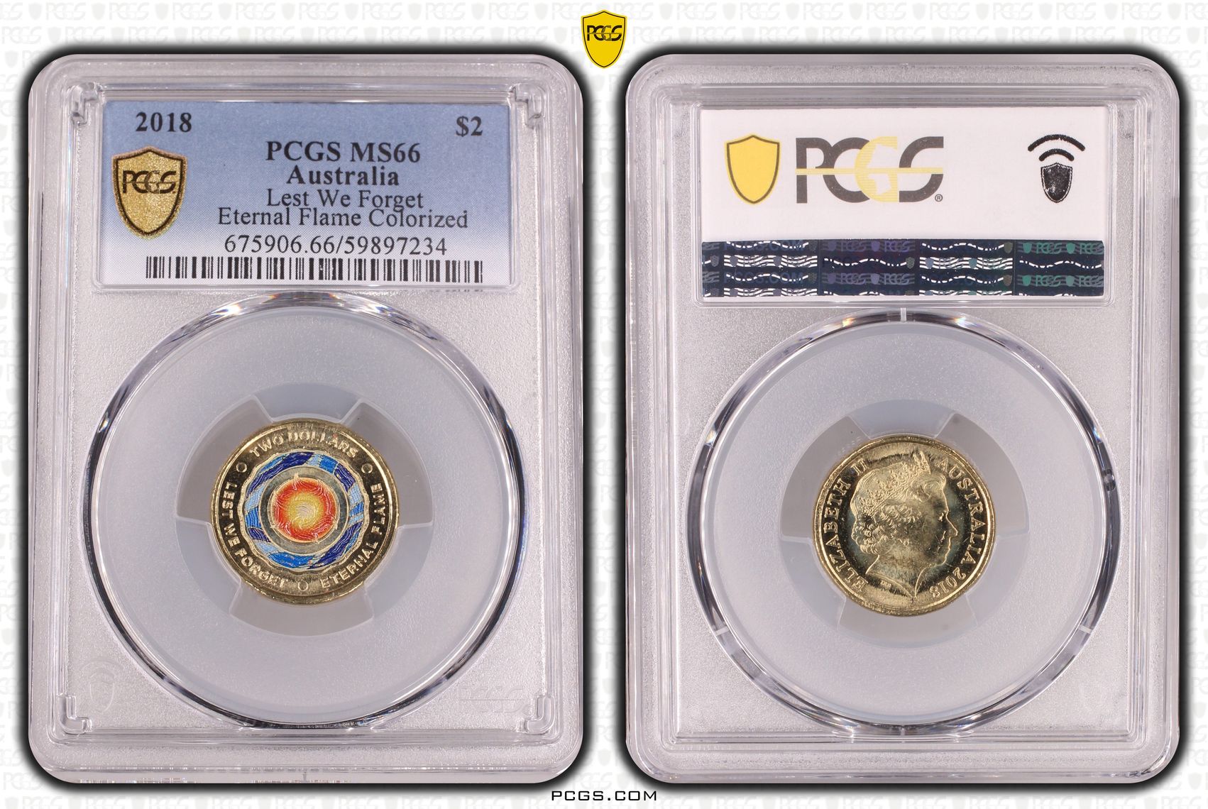 Lest We Forget Eternal Flame Colorized, Two Dollar, 2018, PCGS MS66