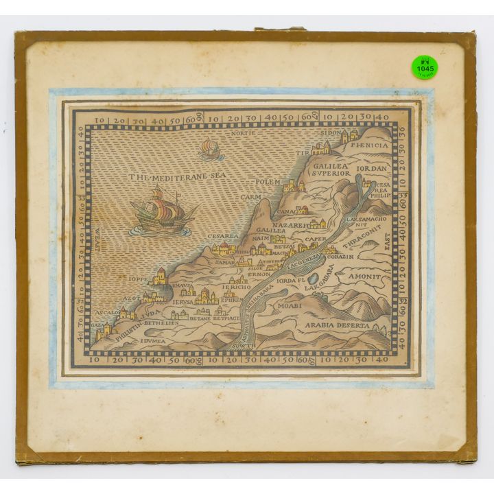 1595 Christopher Barker ''Holy Land'' Map Woodut Framed 13.5'' x 13''