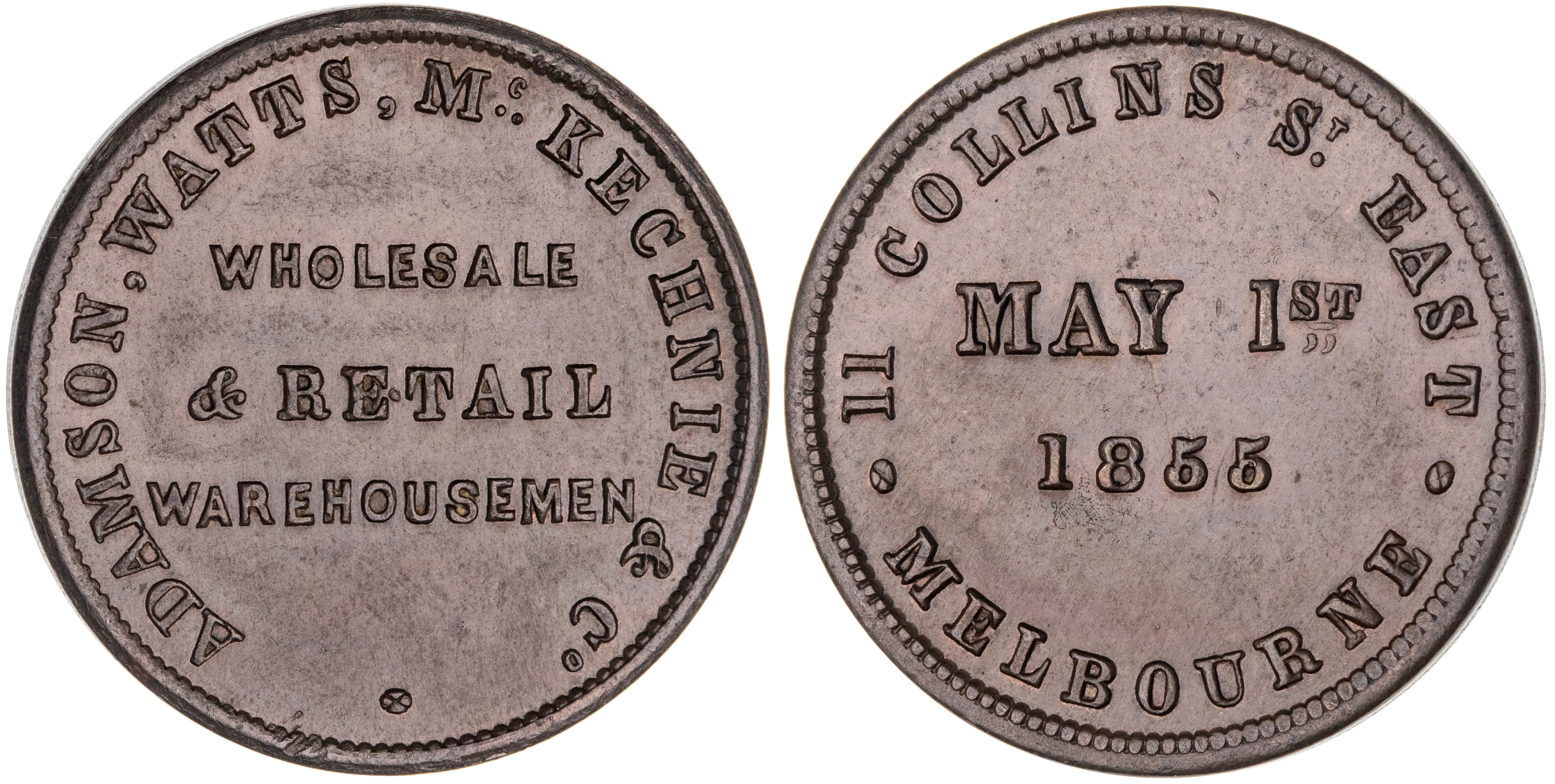 Melbourne, Victoria, Adamson, Watts, McKechnie & Co., Halfpenny, 1855, gEF