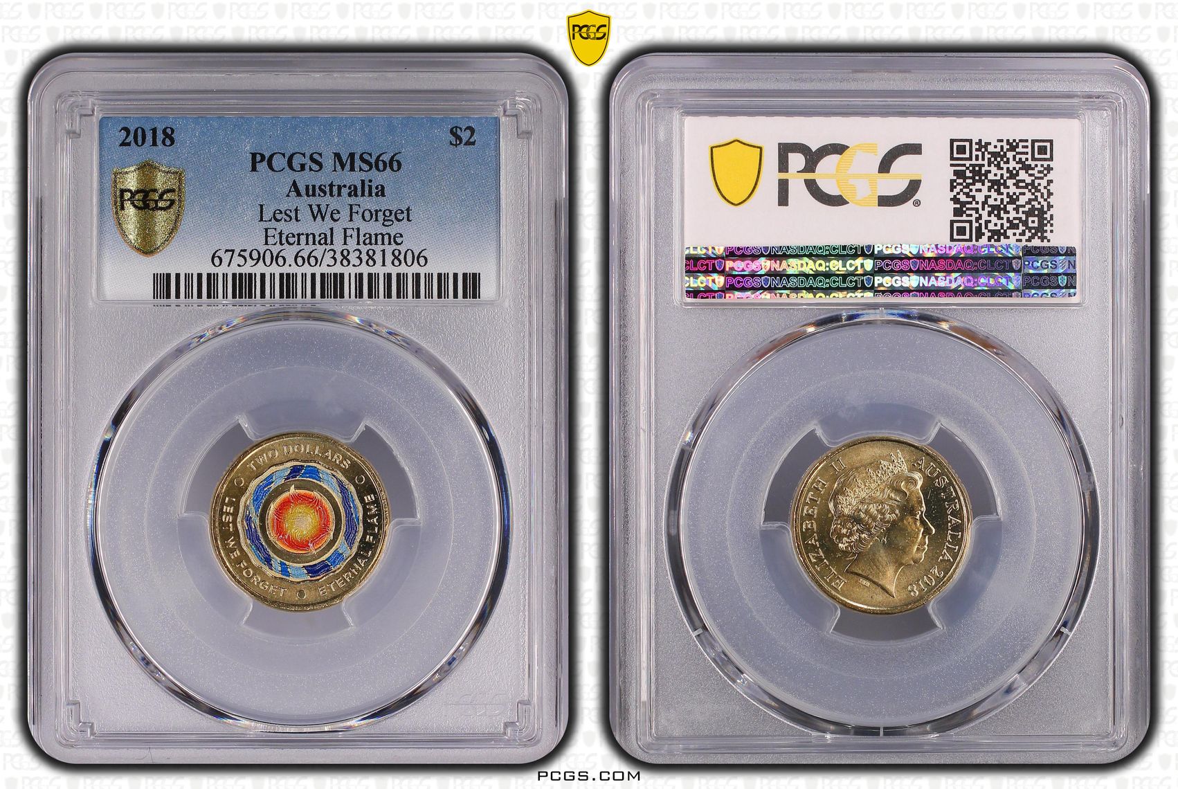 Lest We Forget Eternal Flame Colourised, Two Dollar, 2018, PCGS MS66
