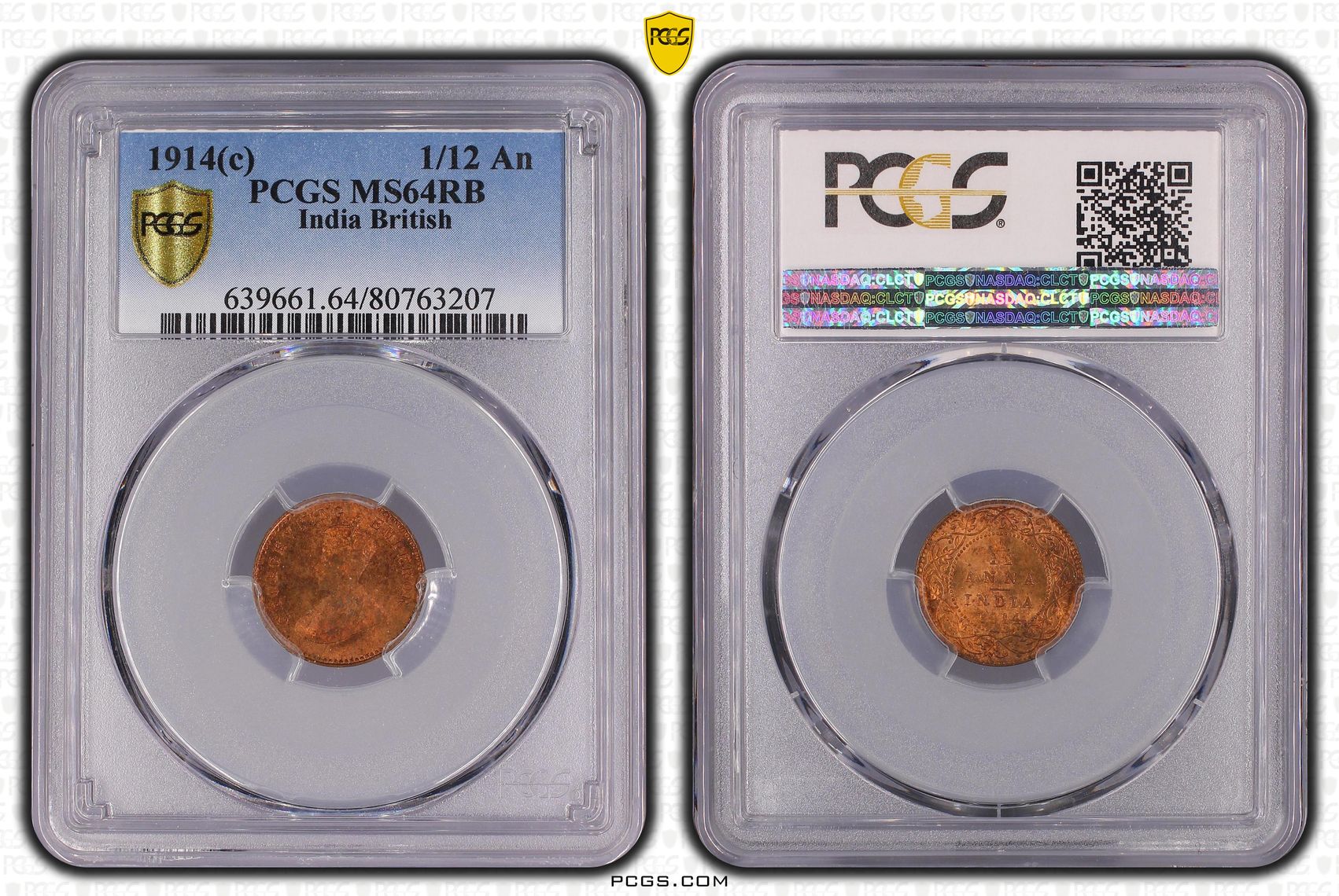 India British, SW-8.534, One Twelfth Anna, 1914(C), PCGS MS64RB