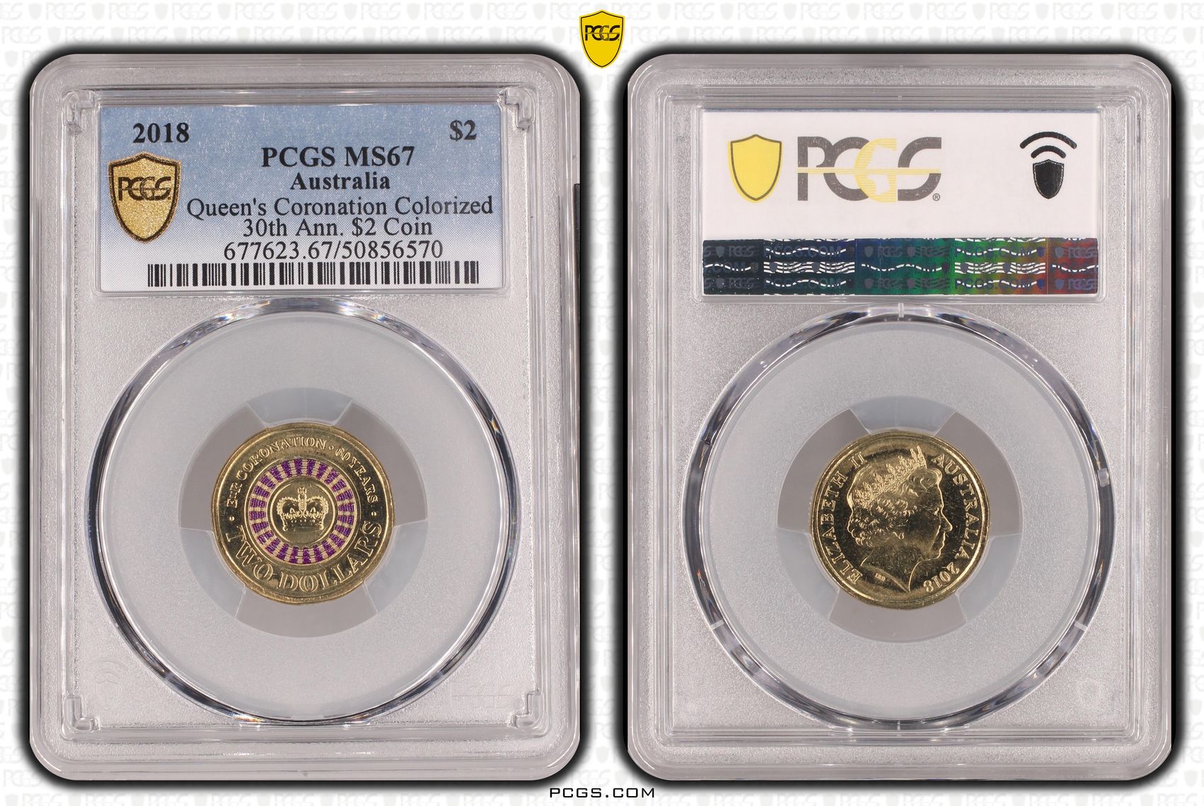 427 · Queen's Coronation Colorized 30th Ann. $2 Coin, Two Dollar, 2018, PCGS MS67