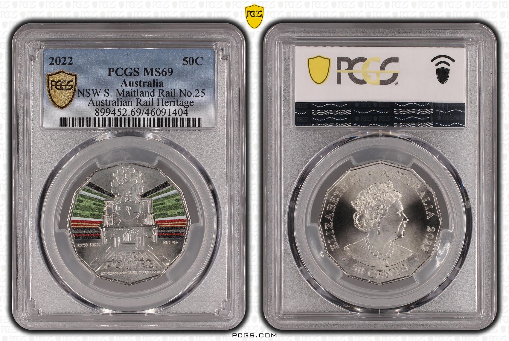 NSW S. Maitland Rail No.25 Australian Rail Heritage, Fifty Cent, 2022, PCGS MS69