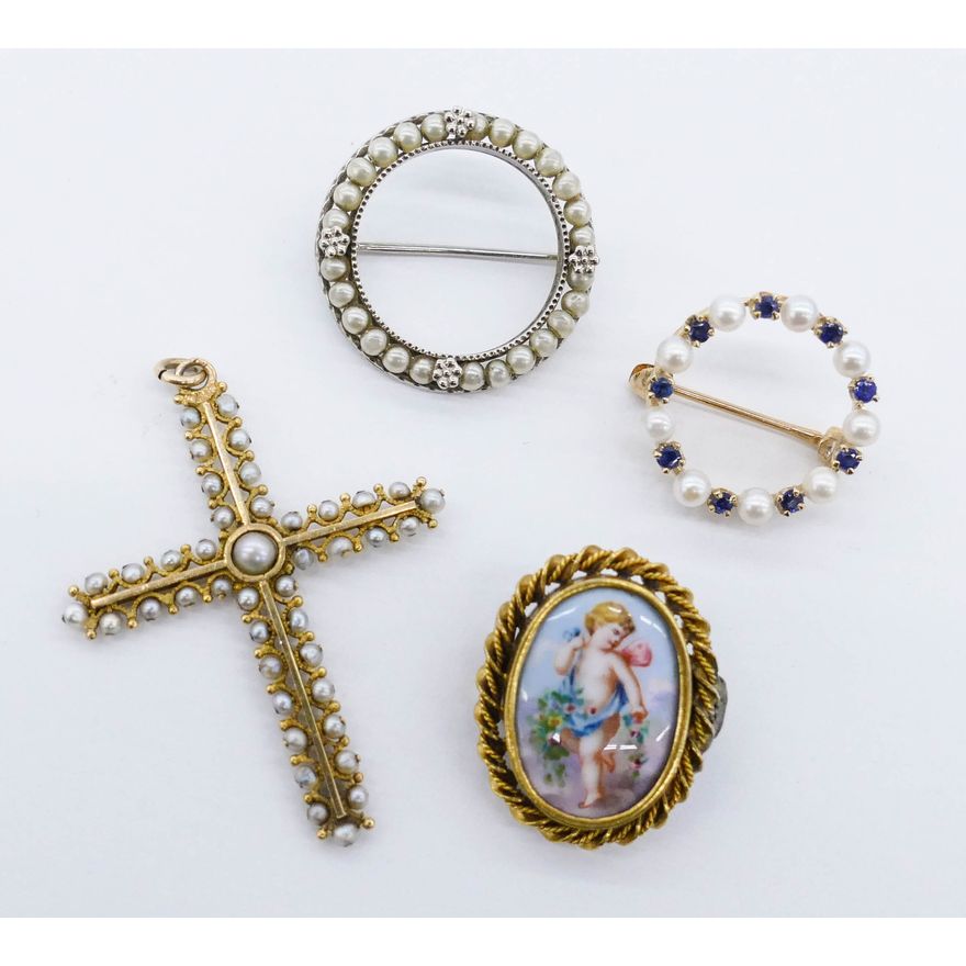 4pc Edwardian 14k-22k Small Pins and Cross