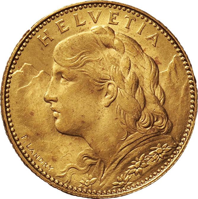 スイス-Switzerland. 1922. Gold. 10フラン(Franc). 未使用. UNC
