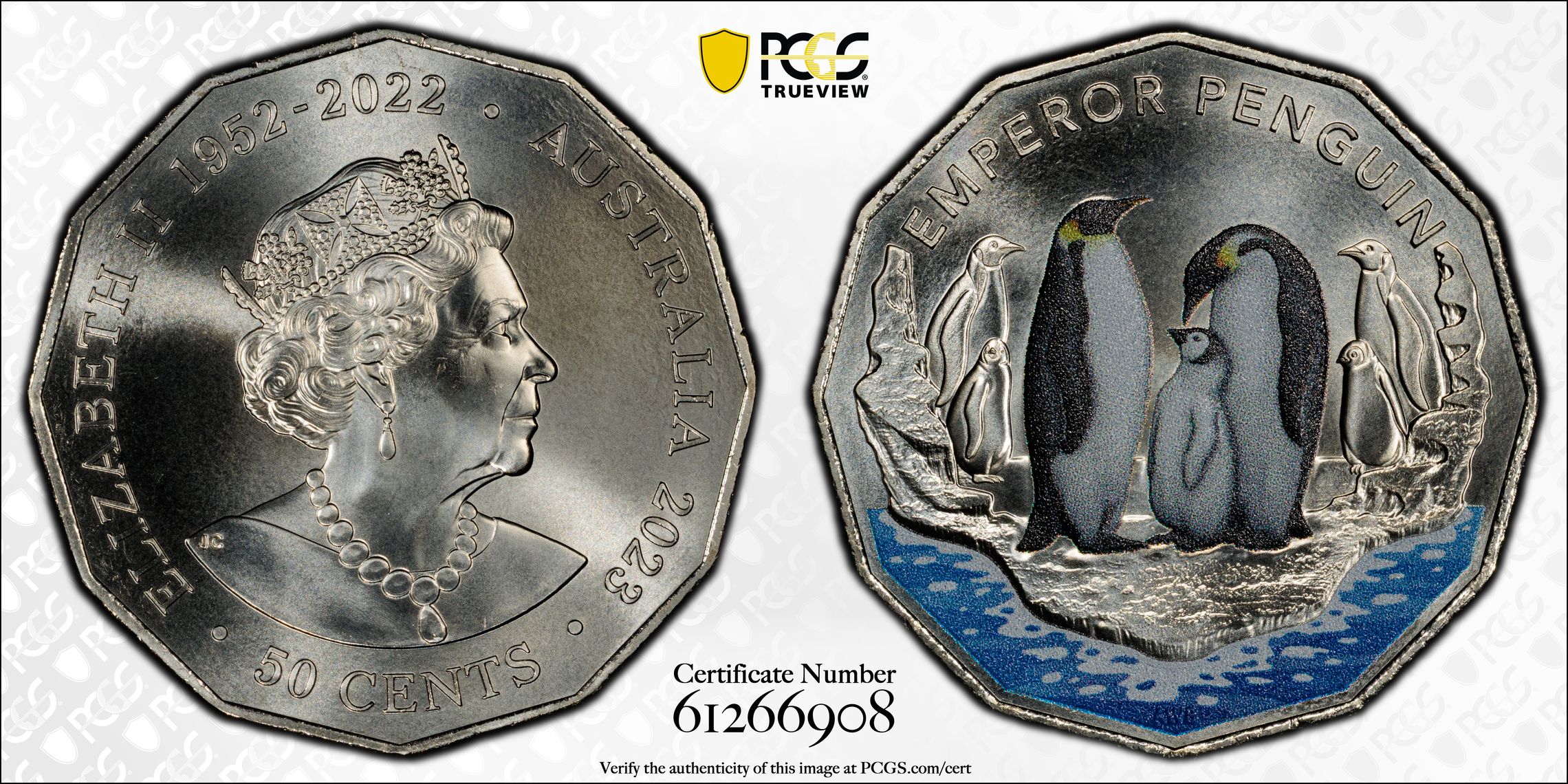 177 · Emperor Penguin Colourised Antarctic Territory, Fifty Cent, 2023, PCGS MS68