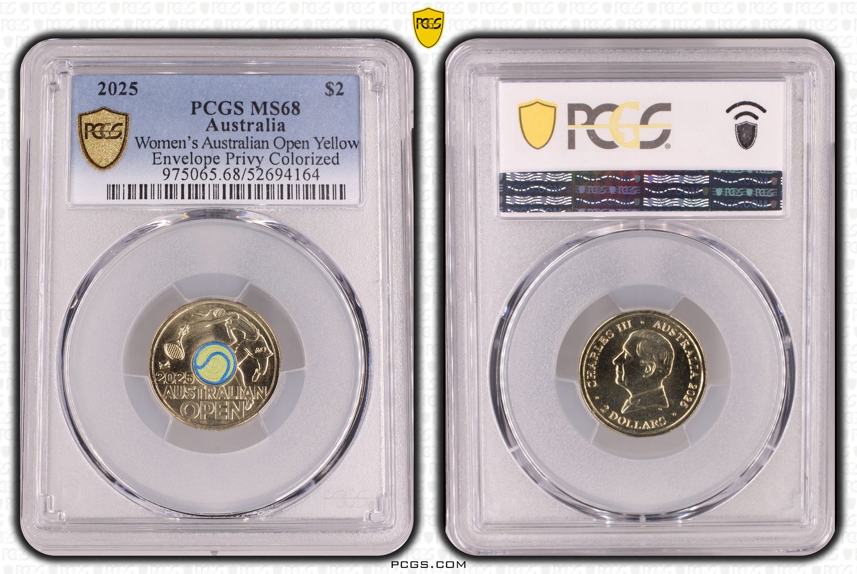Women's Australian Open Yellow Envelope Privy Colourised, Two Dollar, 2025, PCGS MS68