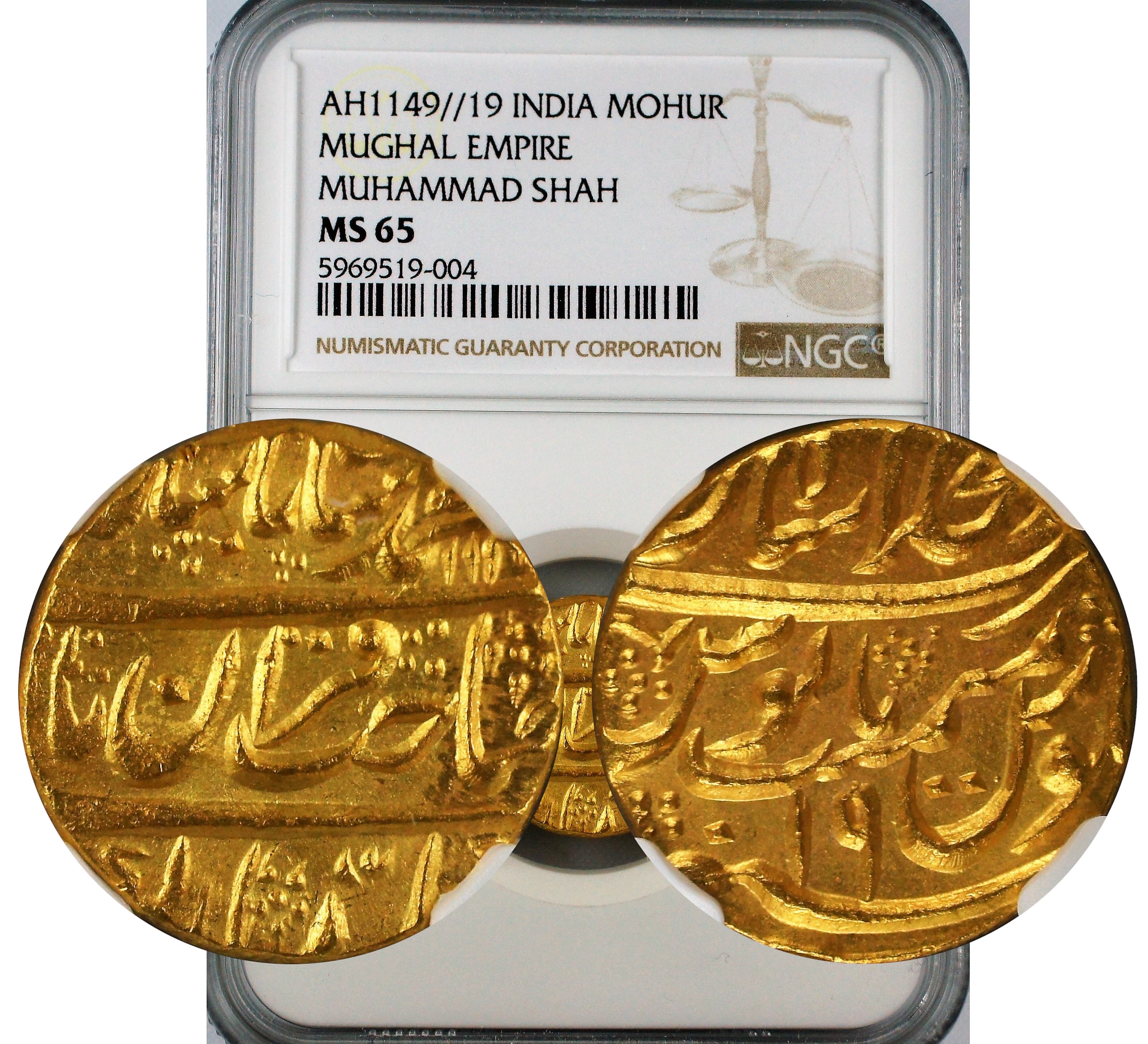 India Mughal Empire AH1149//19 Muhammad Shah Gold Mohur NGC MS65