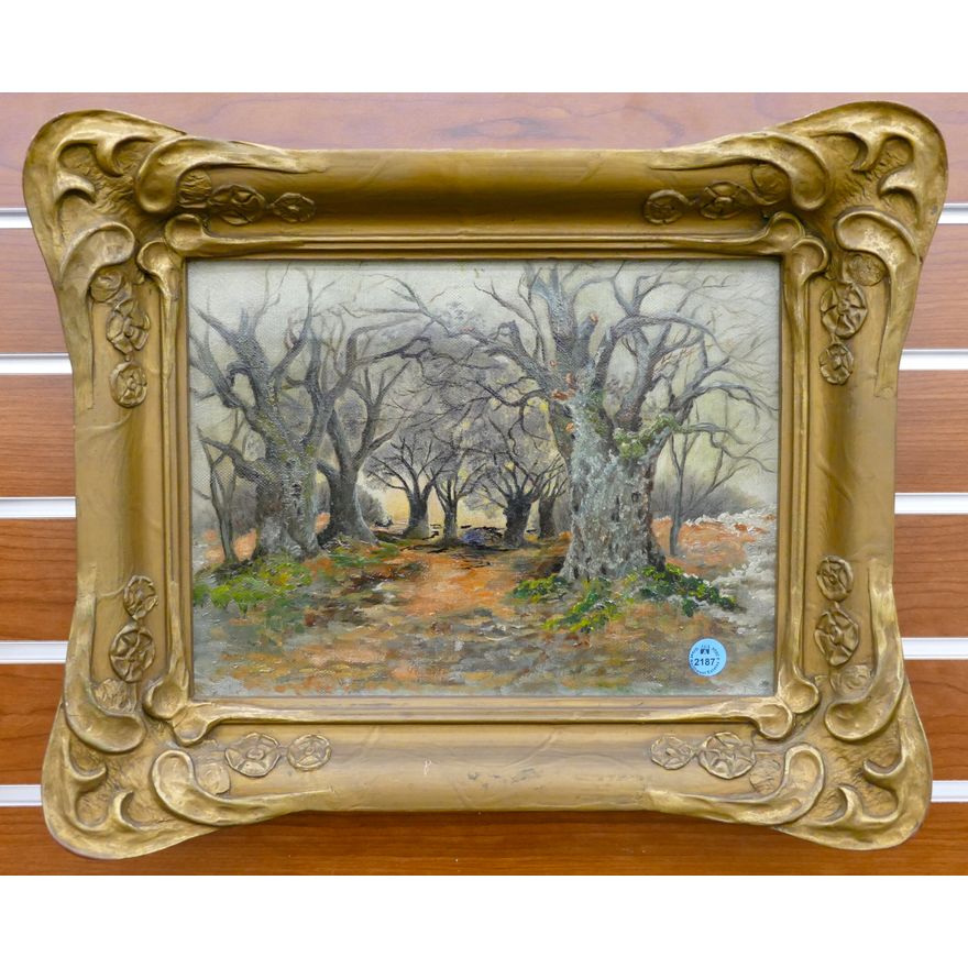 Arts & Crafts Forest Scene Oil Painting in Ornate Frame