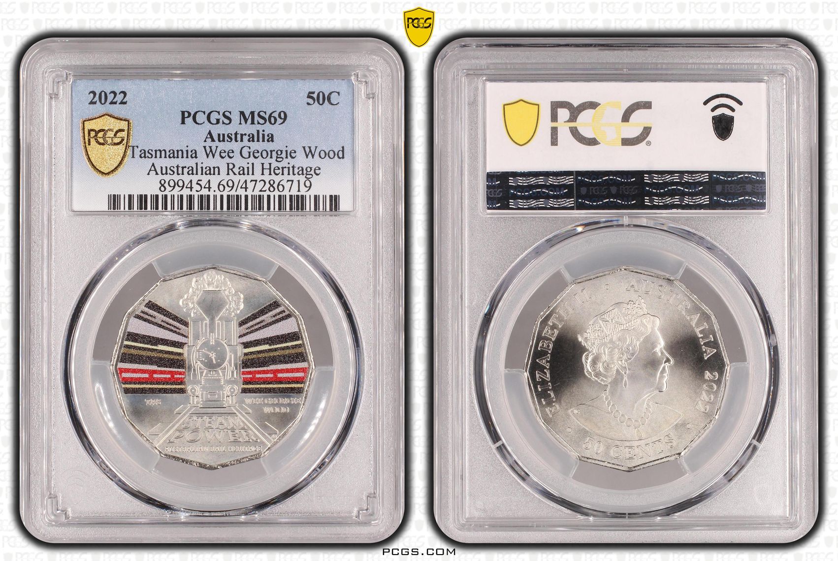 293 · Elizabeth II, Tasmania Wee Georgie Wood - Australian Rail Heritage, Fifty Cent, 2022, PCGS MS69