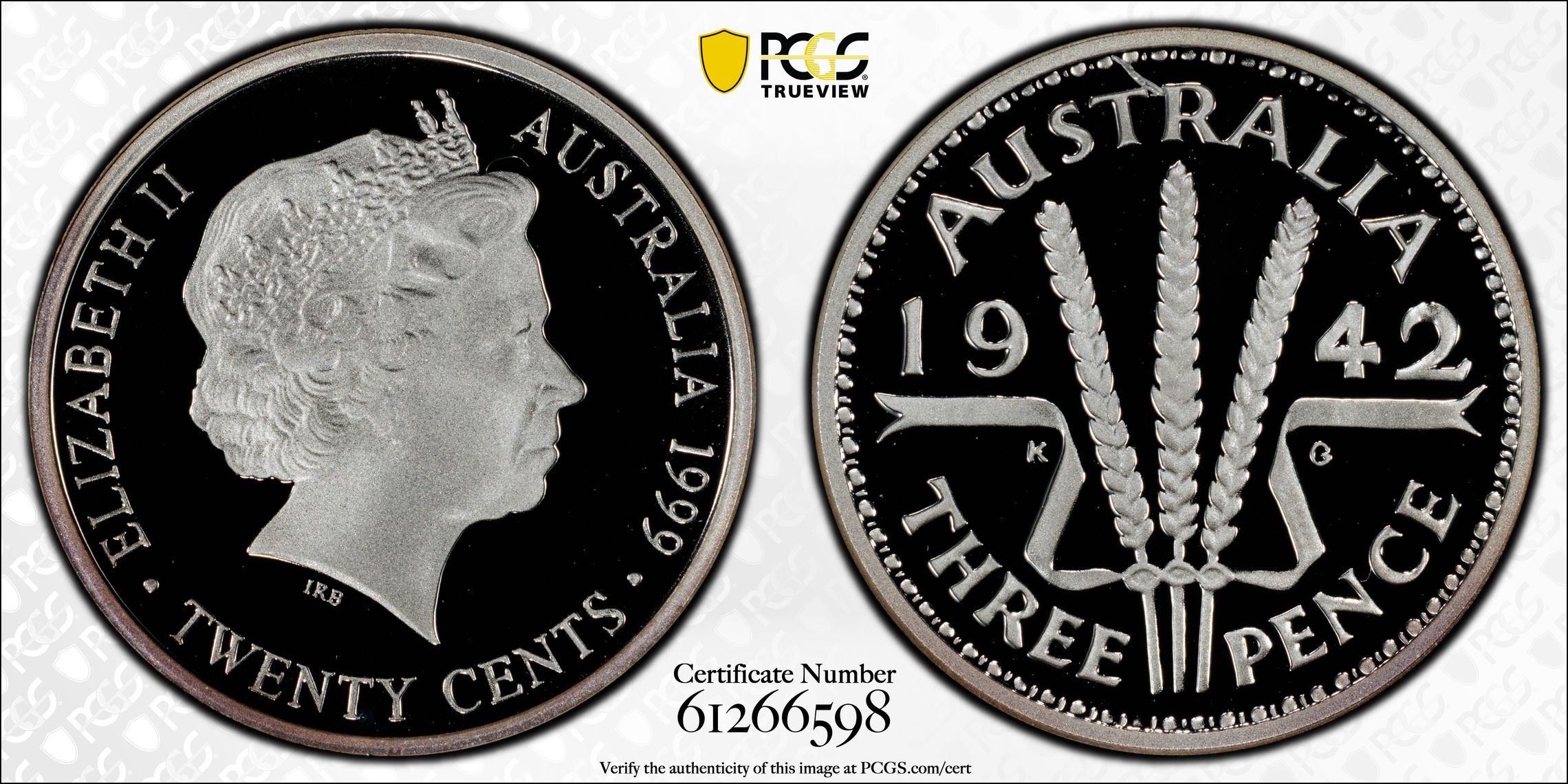 1942 Threepence Silver, Twenty Cent, 1999, PCGS PR70DCAM