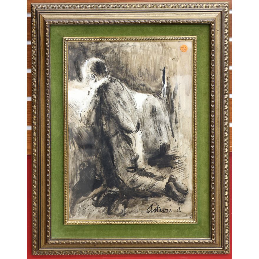 Antonio Asturi (Italian) ''Praying Man'' Mixed Media Painting Framed