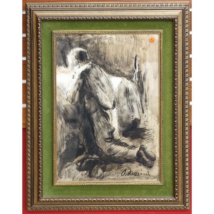 Antonio Asturi (Italian) ''Praying Man'' Mixed Media Painting Framed