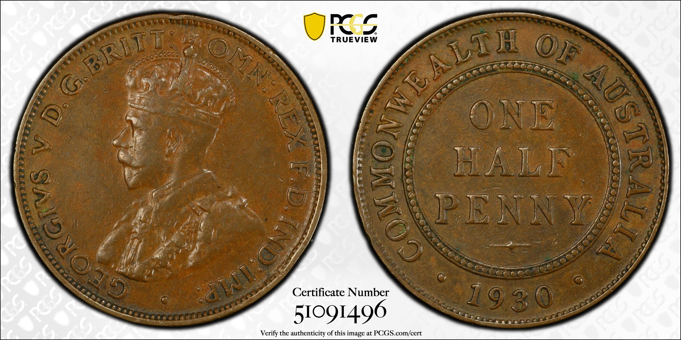 George V, Halfpenny, 1930, PCGS AU53BN