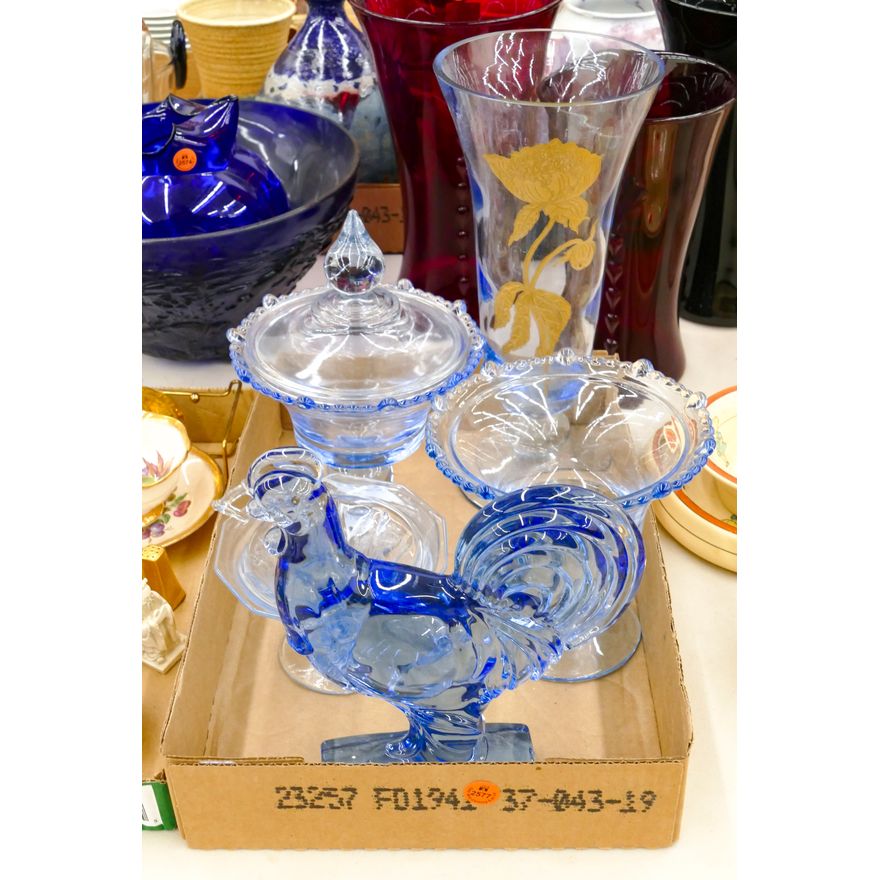 Box Blue Vintage Elegant Glass and Rooster