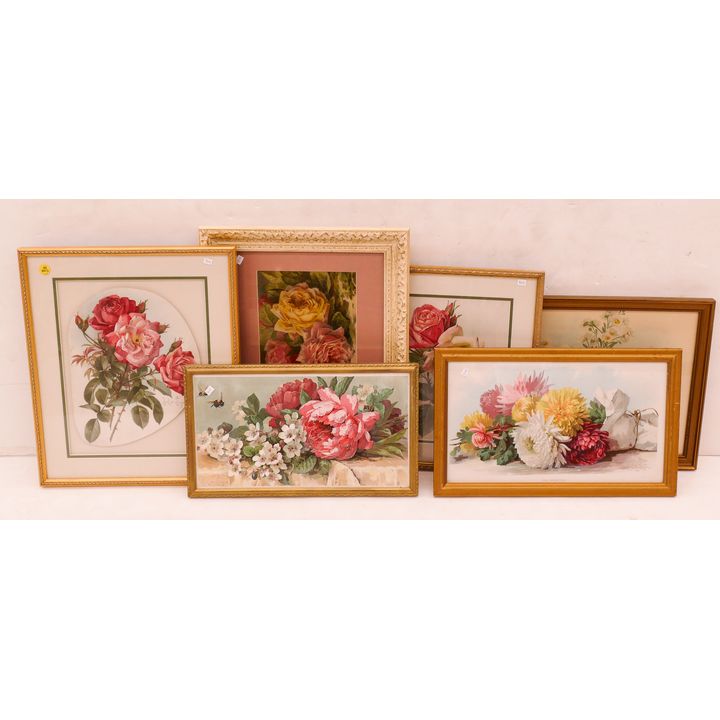 6PC Paul De Longpre (1855-1911) Antique Floral Still Life Lithographs. Framed. Largest Measures 18x15''