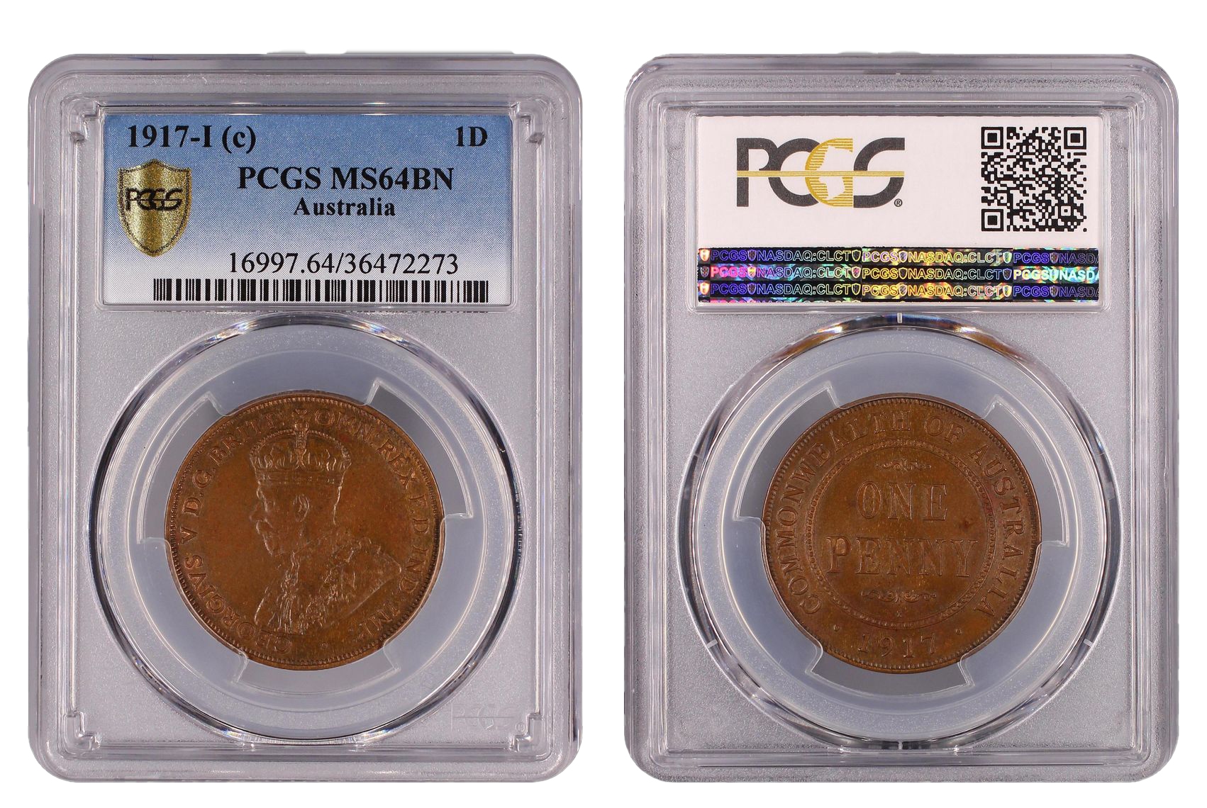 George V, Penny, 1917-I, PCGS MS64BN