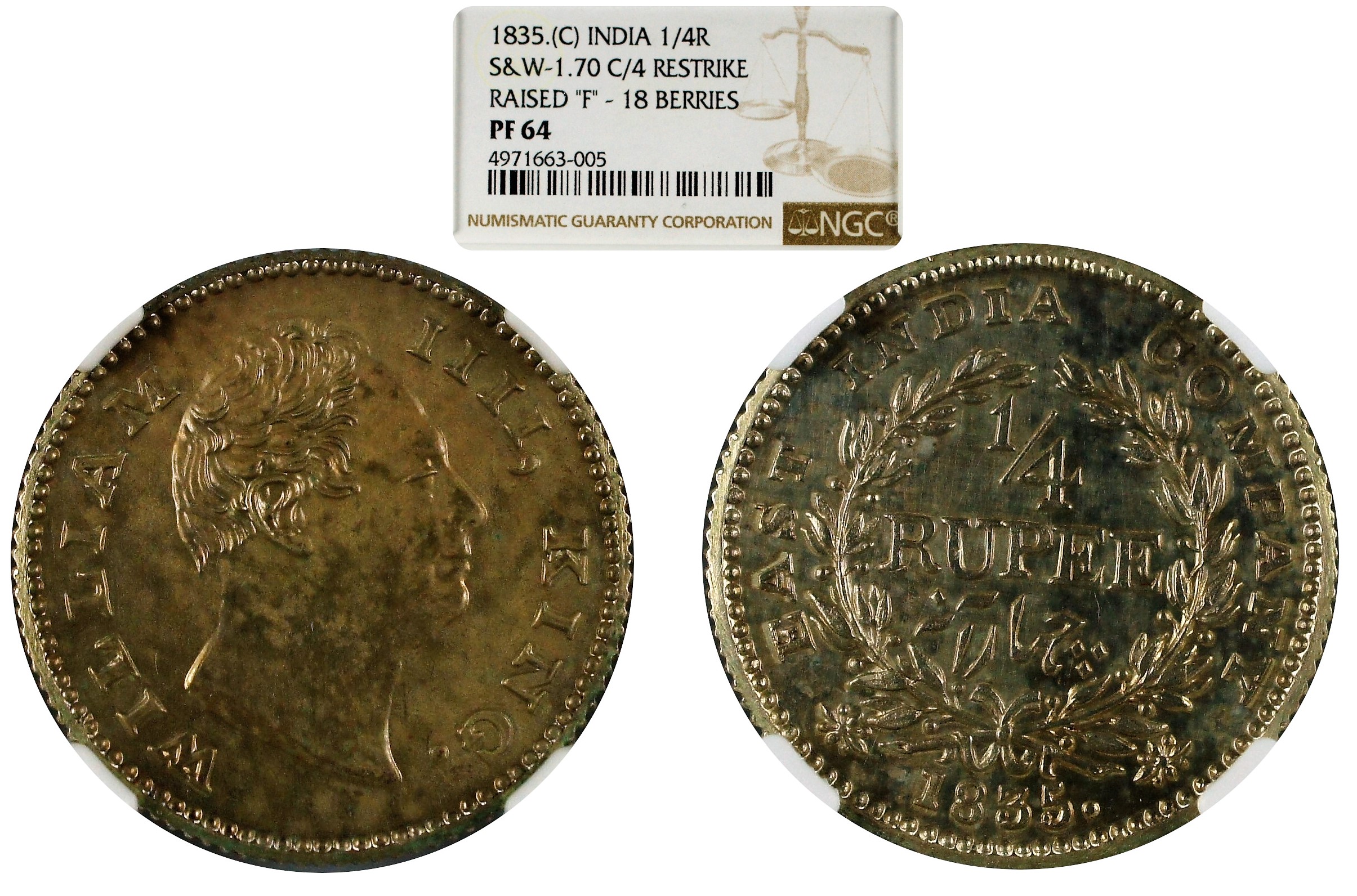 India British 1835.C 1/4 Rupee Restrike NGC PF64 - 18 Berries - Raised F
