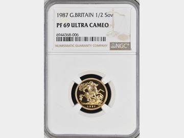 1987 ELIZABETH II PROOF GOLD HALF SOVEREIGN PF69 UCAM