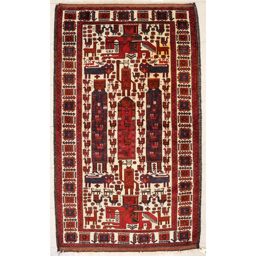 Semi Antique Afghan Pictorial Animal & Figure Rug 6'x3'6''