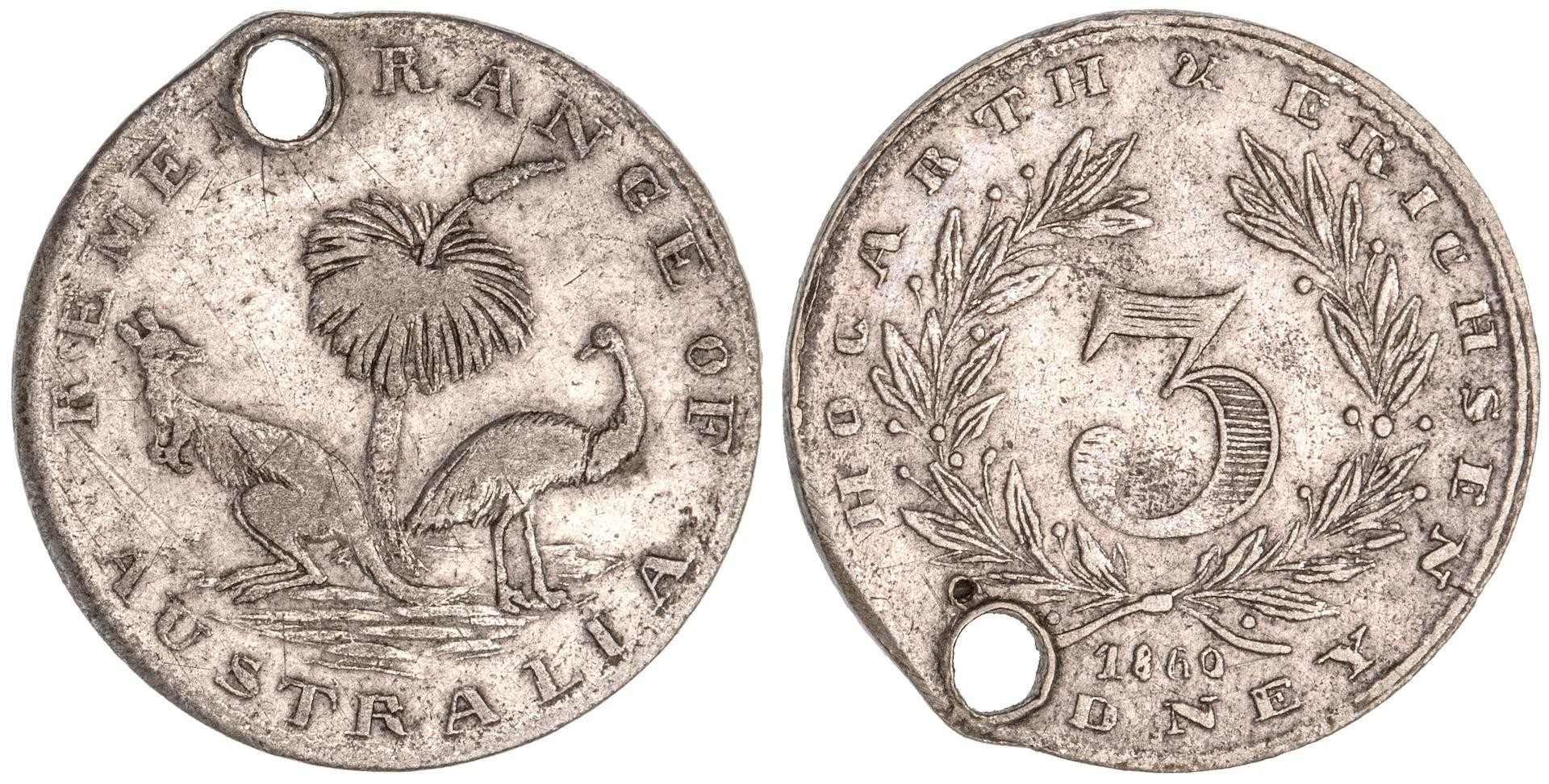 Sydney, New South Wales, Hogarth & Erichsen & Co., Threepence, 1860, Fine