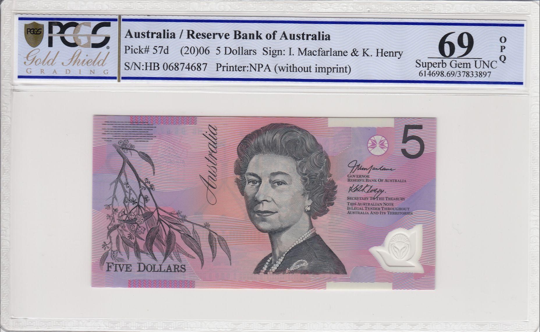 136 · RBA, Polymer, NPA (w/o imprint), Sign: I. Macfarlane & K. Henry, Five Dollar, 2006, PCGS - Superb Gem UNC 69 PPQ