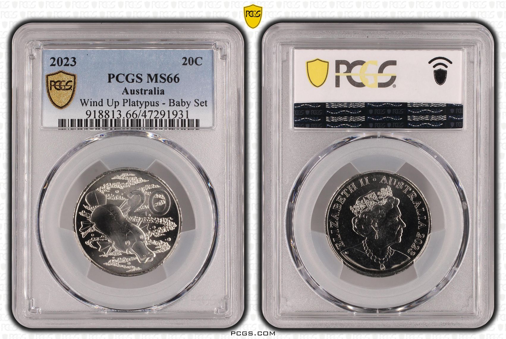Elizabeth II, Wind Up Platypus - Baby Set, Twenty Cent, 2023, PCGS MS66