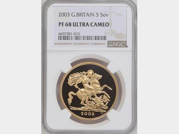 2003 ELIZABETH II PROOF GOLD 5 POUND COIN PF68 UCAM