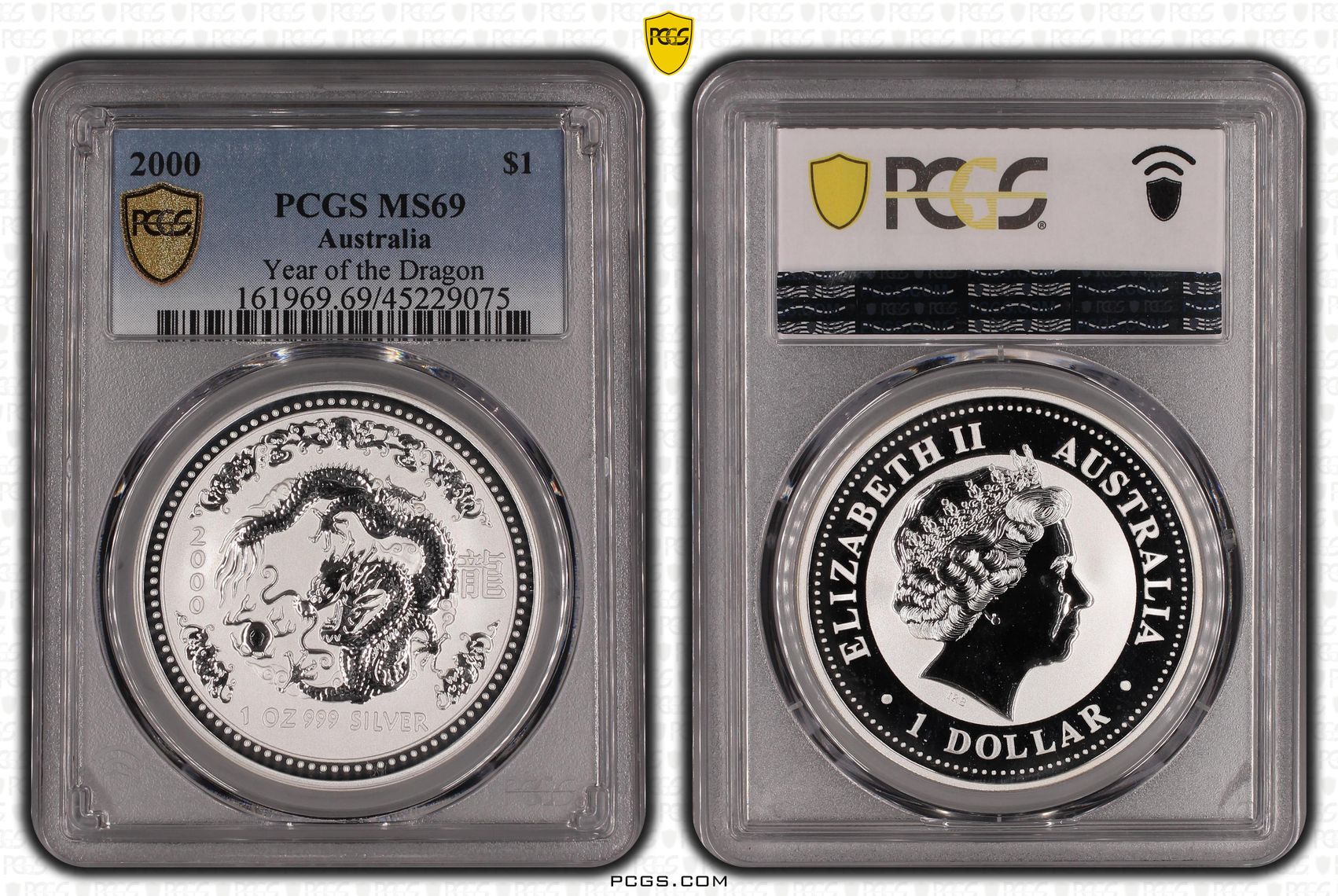 2000 Australia One Dollar, $1 Silver Year of the Dragon PCGS - MS69 -075