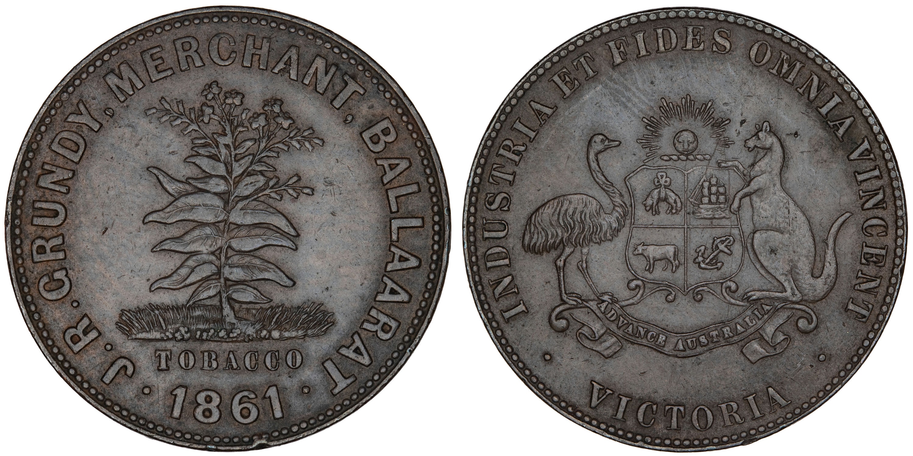162 · A.155 - Grundy, JR - Balla(a)rat, VIC, Penny, 1861,  EF