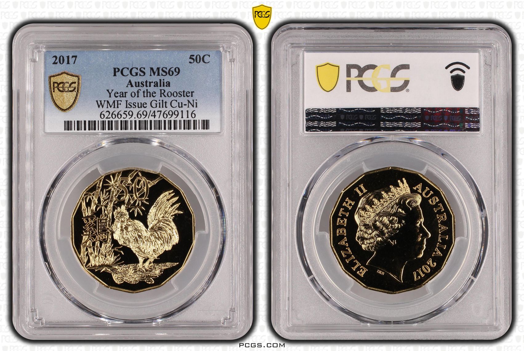 Year of the Rooster -WMF Issue Gilt Cu-Ni, Fifty Cent, 2017 POP Report 15/0, PCGS MS 69