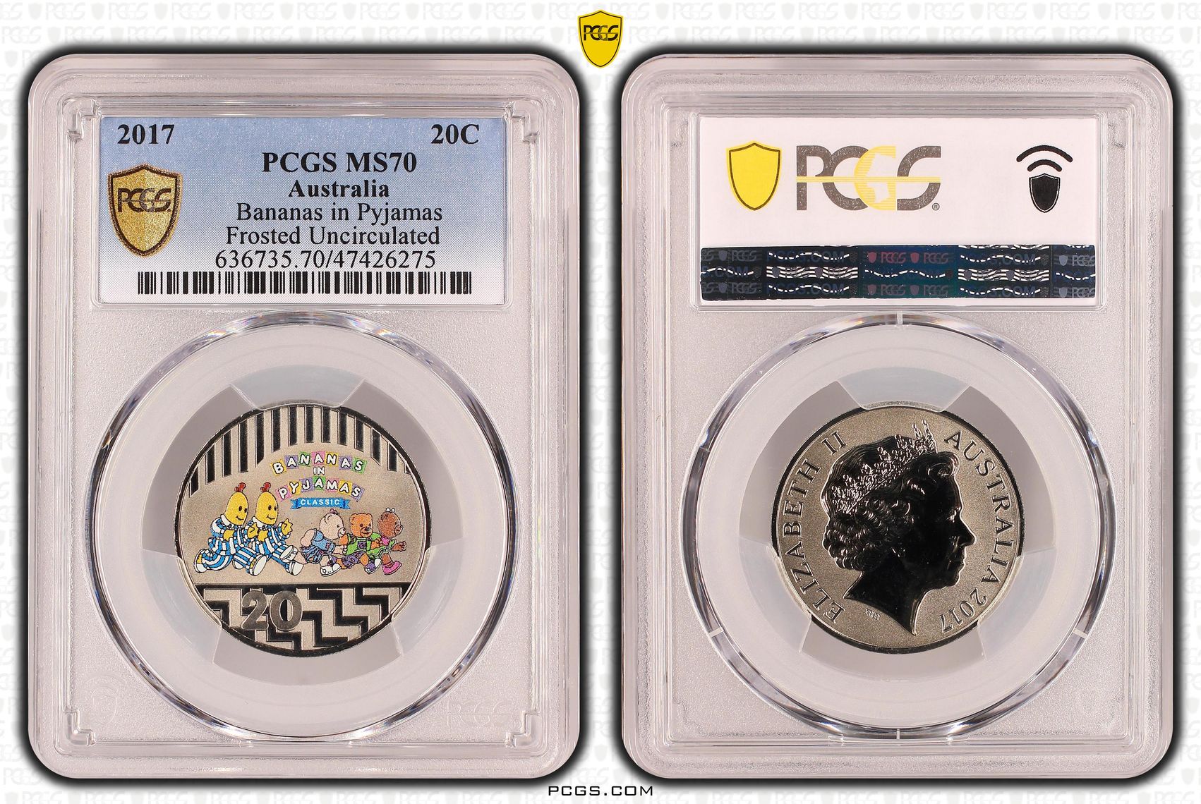 Bananas in Pyjamas Colorized Frosted Uncirculated, Twenty Cent, 2017, PCGS MS70