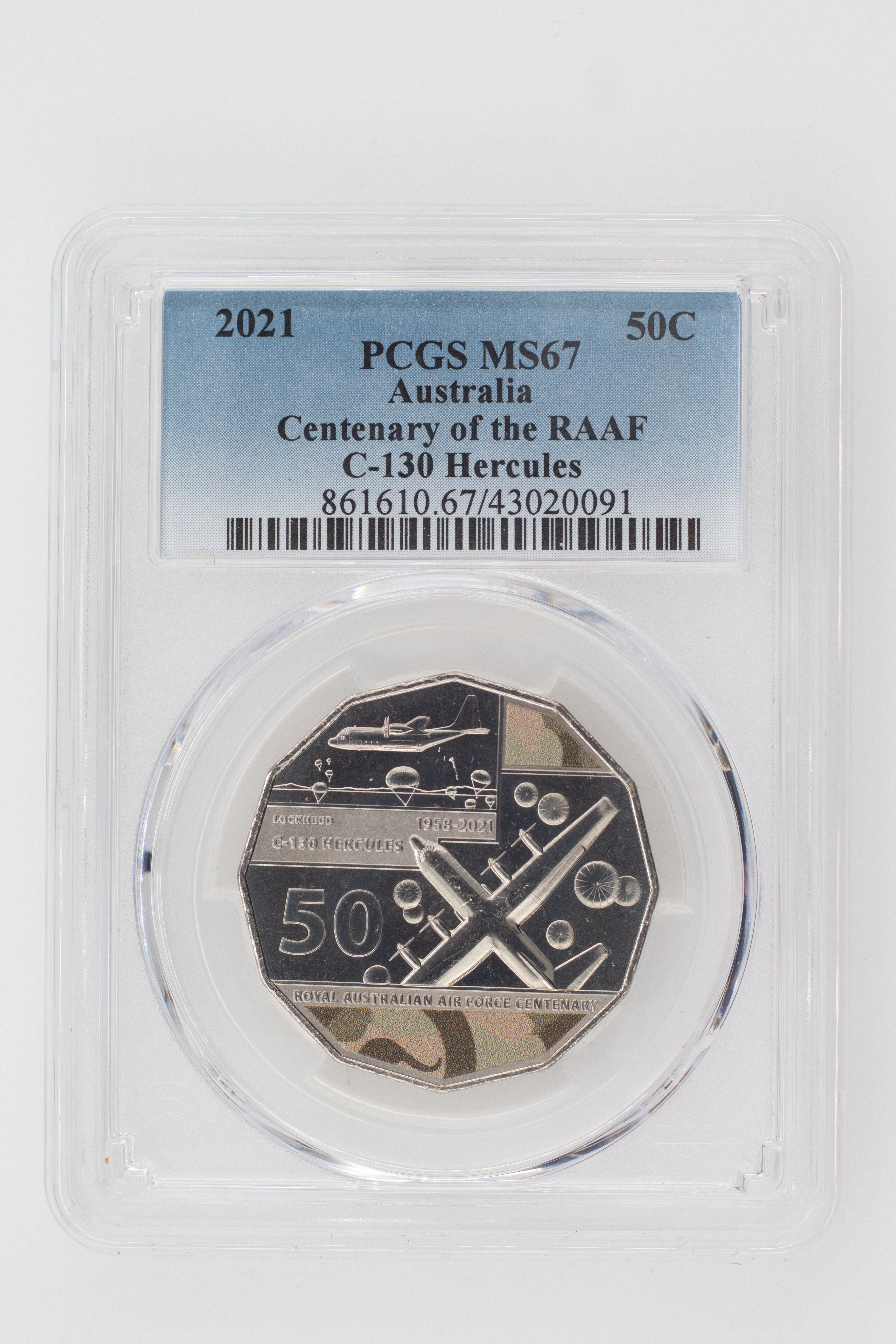 2021 Australia Fifty Cent, 50c Centenary of the RAAF C-130 Hercules PCGS - MS67 -091