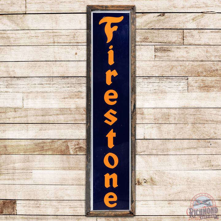 NOS Firestone Tires Vertical SS Porcelain Sign w/ Wooden Frame