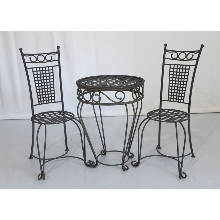 STEEL GARDEN TABLE AND PAIR OF CHAIRS