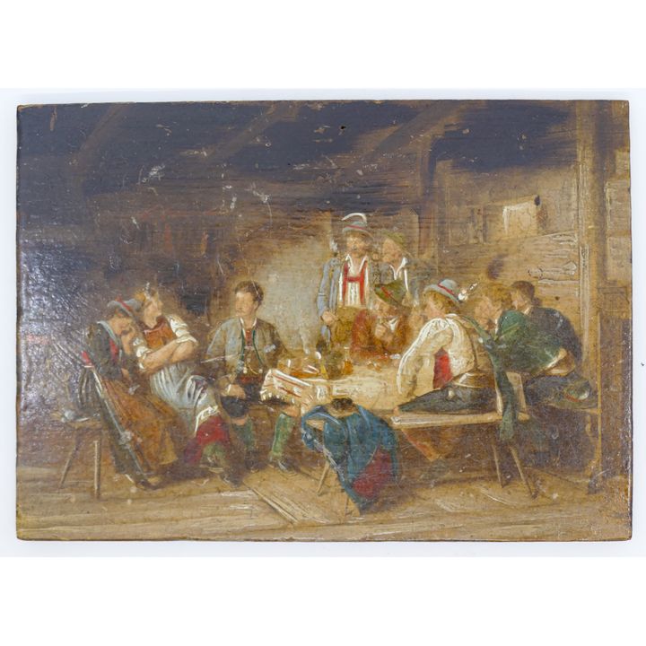 Antique European Interior Scene Small Oil on Panel 4''x6'' - Unsigned