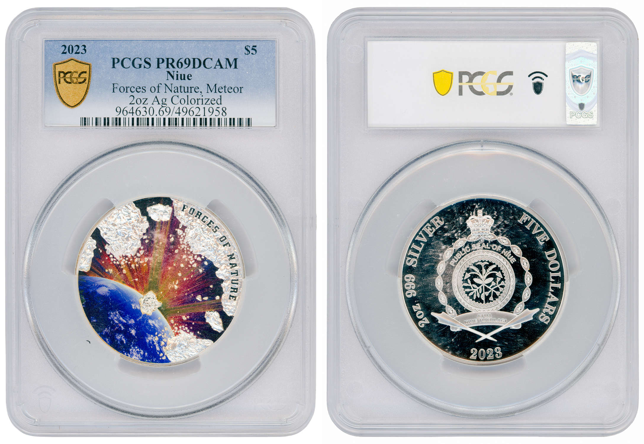 Niue, Forces of Nature, Meteor 2oz Silver Colourised, Five Dollars, 2023, PCGS PR69DCAM