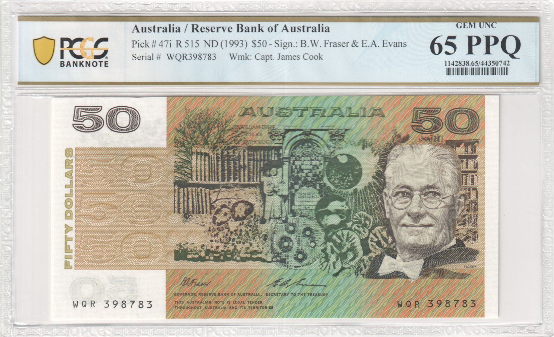 118 · R. 515, RBA Sign.: B.W. Fraser & E.A. Evans, Wmk: Capt. James Cook, Fifty Dollar, ND (1993), PCGS - Gem UNC 65 PPQ