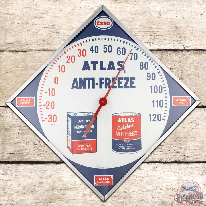 Esso Atlas Antifreeze Advertising Thermometer Sign w/ Cans & Logos