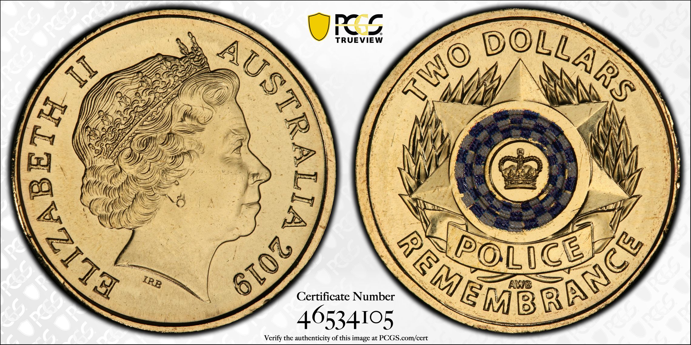 Elizabeth II, Police Remembrance Colorized , Two Dollar, 2019, PCGS MS66